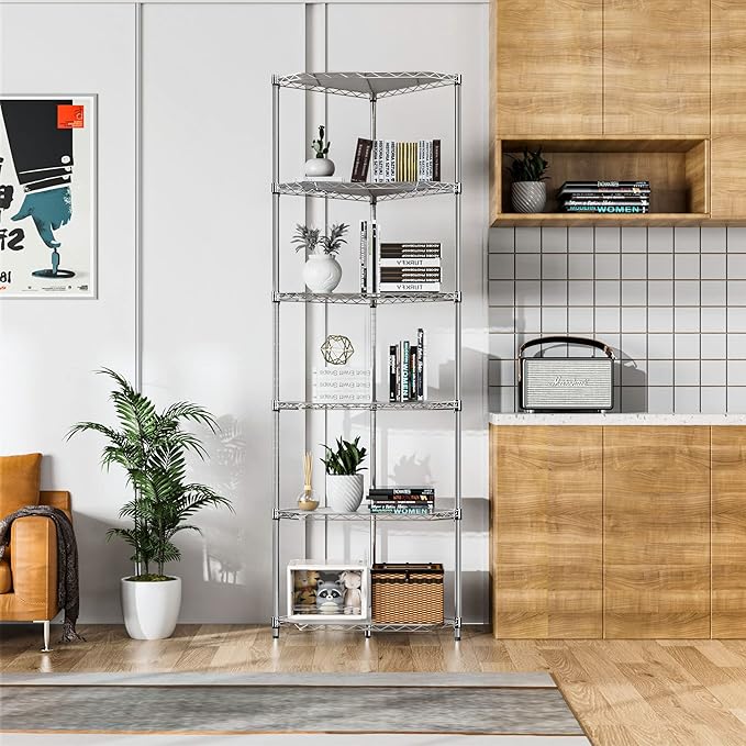 6-Tier NSF Metal Corner Shelf Wire Shelving Unit - 600lbs Capacity, Adjustable, with leveling feet & Shelf Liners - Ideal for Garage, Kitchen - 20" L x 20" D x 72" H - Pentagonal-Shape - Chrome