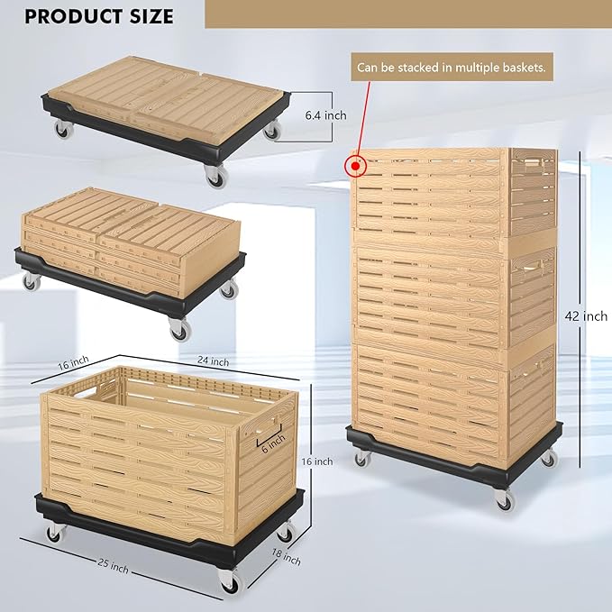 Moving Dolly with Collapsible Storage Bins, 25x18 Inches Furniture Movers Dollys, 330 Lbs Capacity Heavy Duty Platform Dolly 4 Wheels Rectangle Multifunctional Mover Carrier