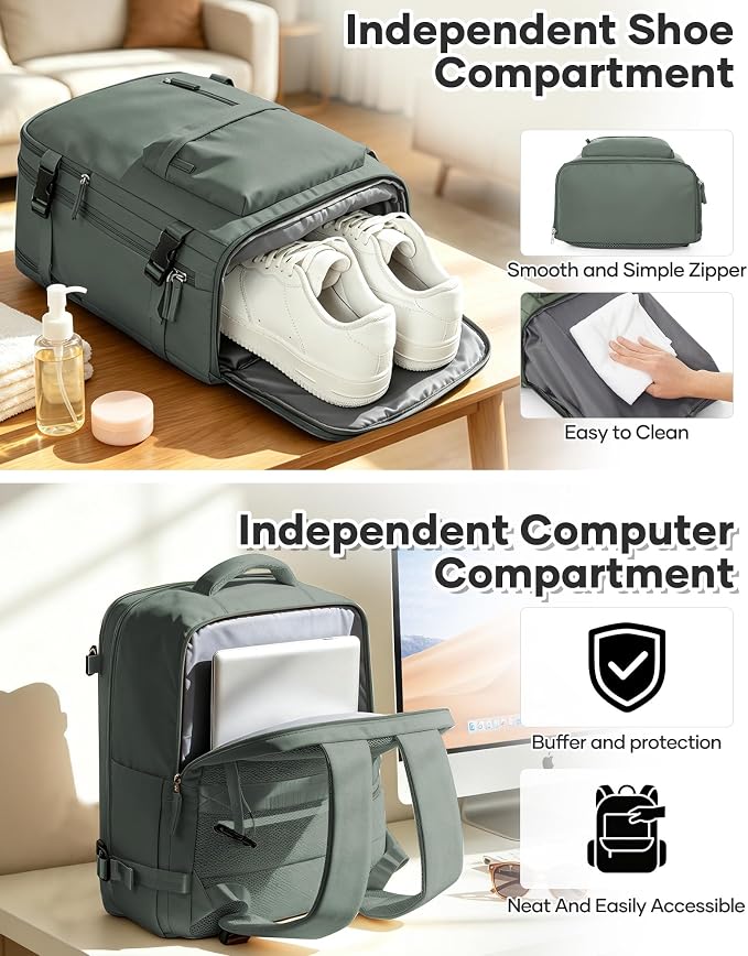 Travel Backpack Women,Carry On Backpack Flight Approved 18x14x8 inches Bag Spirit Airlines Personal ltem,College Sports Hiking Rucksack Waterproof Outdoor Casual Daypack Laptop Blackpack Men,Green