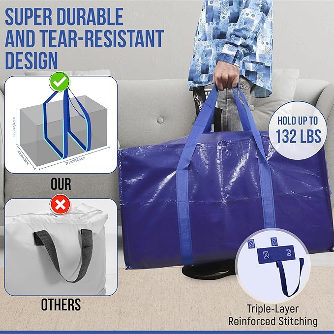 YAN & HIN 12 Pack Heavy Duty Moving Bags, Extra Large Storage Totes with Strong Zippers & Reinforced Handles, 65lbs Load, Foldable Moving Bags for Clothes, Blankets, Dorm, Travel & Storage