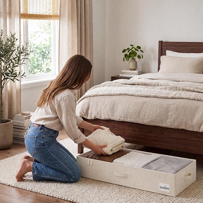 StorageWorks Large Under Bed Storage Containers with Handles and Label Holder, 2 Pack Ultra-thick Fabric Underbed Bins, White and Black Stripes
