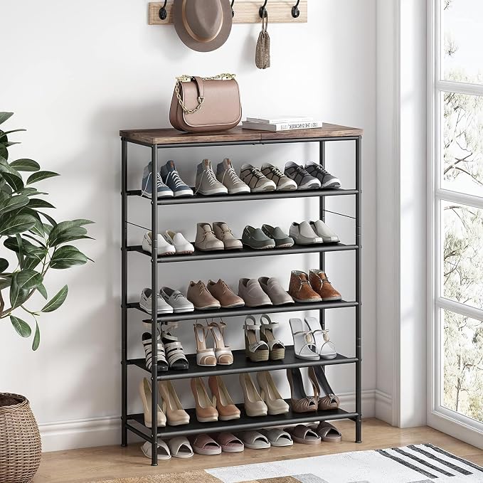INGIORDAR Shoe Rack Organizer 6 Tier Metal Organizer Shelf with Industrial MDF Board and Layer Fabric for Entryway Closet Bedroom Living Room Garage,Black & Rustic Brown (Black+Rustic Brown, 6 Tier) | Metal space-saving Shoe Shelf stores 24+ Pairs of S...