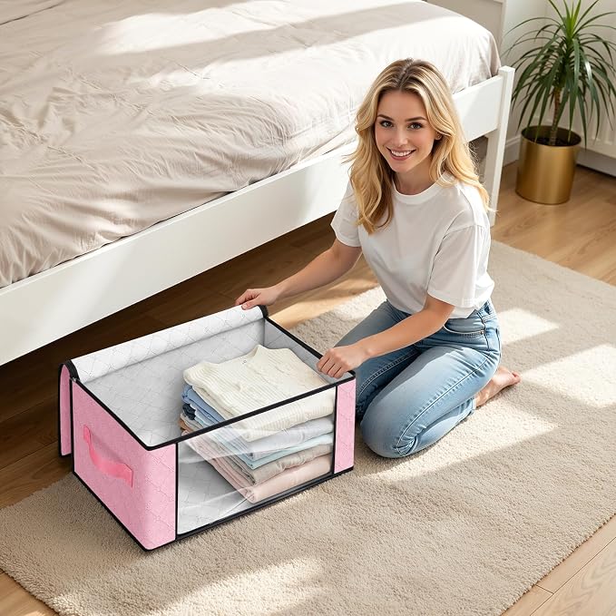 Fab totes 35L Closet Organizers and Storage, Foldable Under Bed Storage Containers, Storage bags for Organizing Bedroom, Closet, Clothing,Organization with Handle (4 Pack,Pink)