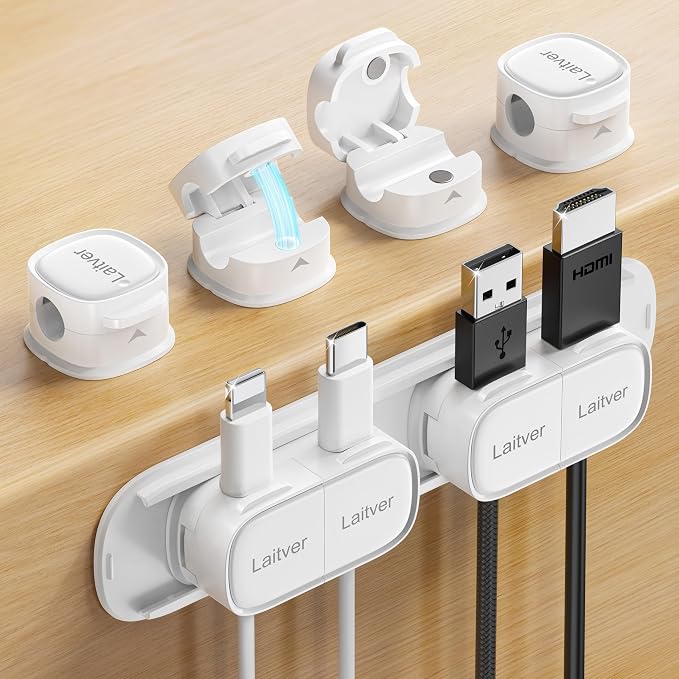 6 Pack Magnetic Cable Clips [1s Open/Lock], Cord Organizer Holder | Strong Adhesive Desk Cable Management- Organize Charging Cords Neatly for Home, Office, Car,Desk, Nightstand