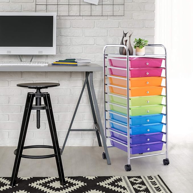 LDAILY 10-Drawer Rolling Storage Cart, Rolling Storage Cart, Storage Organizer on Wheels, Metal Frame, Scrapbook Paper Tools, Suitable for Office School, Classroom (Rainbow, 10 Drawer)