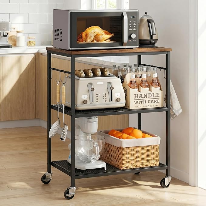 Homleke 3-Tier Rolling Kitchen Microwave Cart, Utility Cart | Coffee Bar Table Station with 6 Hooks, Small Appliance Storage Shelf, Rustic Brown and Black