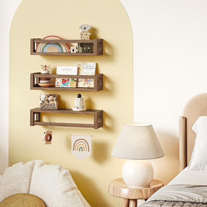 TidyCorner Upgraded Thick Floating Shelves, Solid Wood Bookshelf for Wall, Floating Book Shelves Use as Wall Shelves for Bedroom, Living Room, Kitchen, Books, Spice Rack & Decor – Walnut Brown