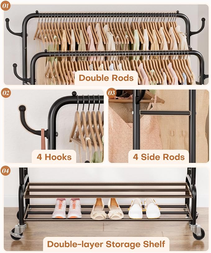Homde Sturdy Garment Rack for Bedroom: 265 lbs Heavy Duty Clothes Organizer | 2 Hanging Rods Hold Coat to T-Shirt - Easy Roll & Park on Wheels - Metal Frame Stays Solid & Stable at Full Load