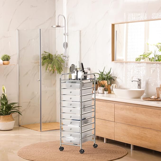 Simple Houseware 10 Drawers Rolling Utility Cart Organizer, Chrome | 1-Column, 36" Height, Lockable Wheels, for School, Office, Art Craft, and Paper Storage