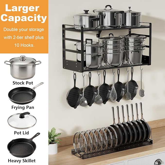 31 Inch Pot Rack Wall Mounted, 2-Tier Pots and Pans Organizer with 20 Hooks & Pan Organizer and Spice Rack, Heavy Duty Hanging Pot Hanger for Kitchen (with Multi Slots & Pot Lid Holder)