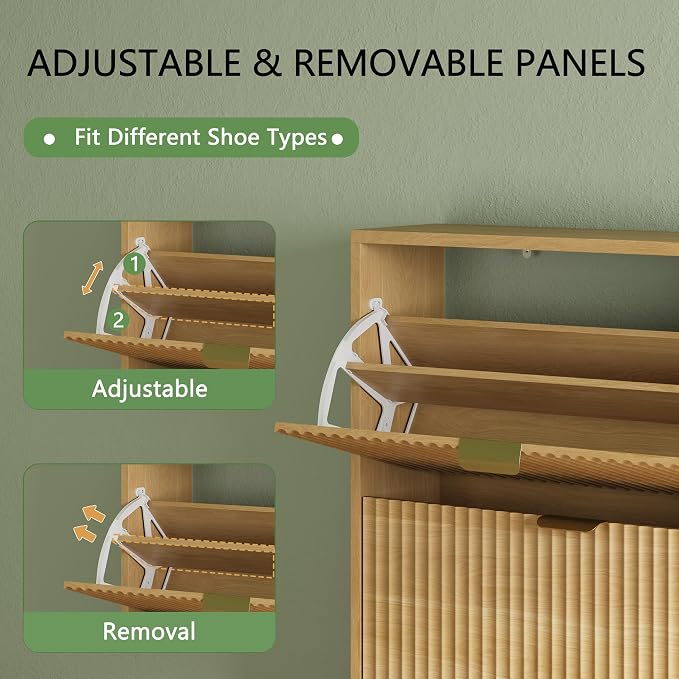 Xixini Shoe Cabinet with 2 Flip Drawers, 37" Tall Narrow Fluted Shoe Storage Organizer for Entryway, Hidden Slim Wooden Shoe Rack Cabinet for Front Door Entrance, Hallway, Living Room, Natural Oak