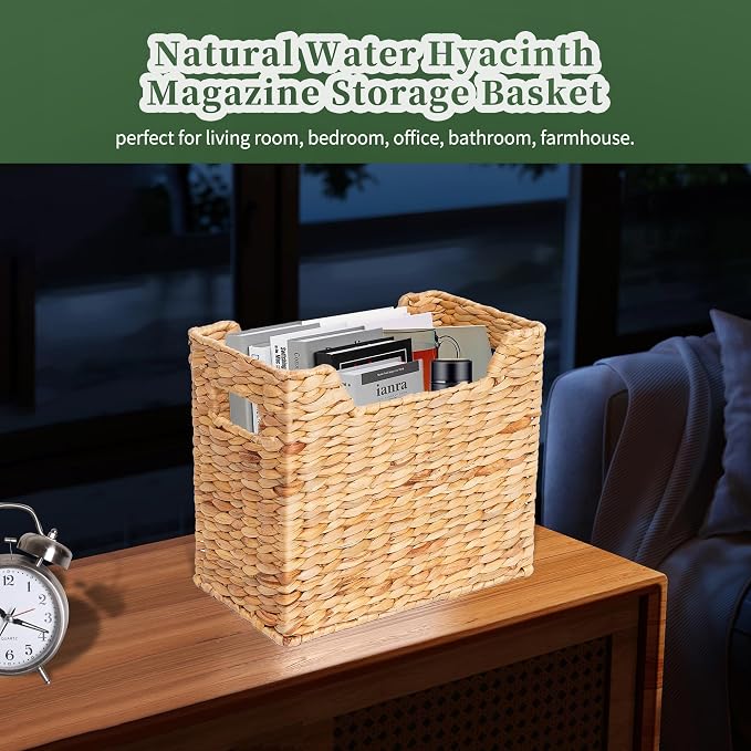 Magazines Holders, Handwoven Magazine Basket for Bathroom, Water Hyacinth Wicker Magazine Rack for Books, Files, Newspapers, Rectangular, 14.2 x 11.4 x 6.7 inch
