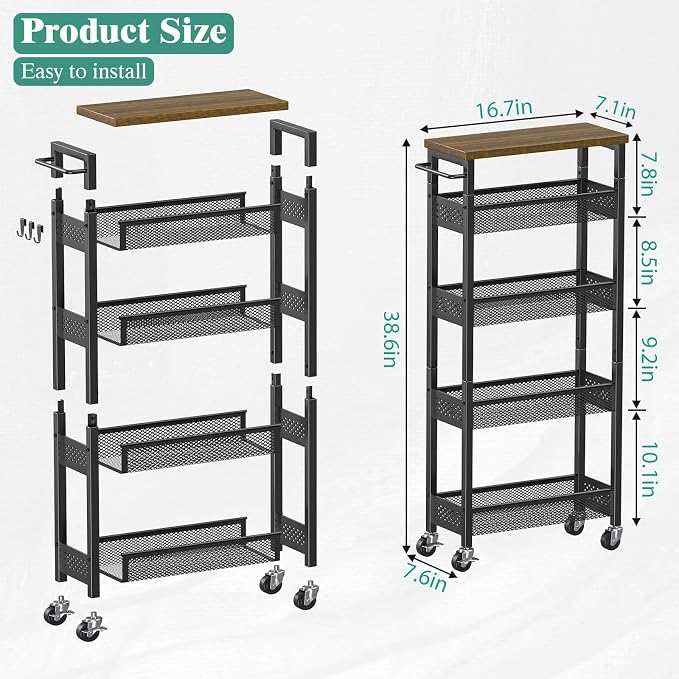 Giwil Slim Storage Cart 5 Tier Narrow Kitchen Rolling Cart on Wheels for Small Space, Metal Utility Cart Narrow Bathroom Storage Cabinet Mobile Shelf Unit Organizer with Wood Top and Handle, Black