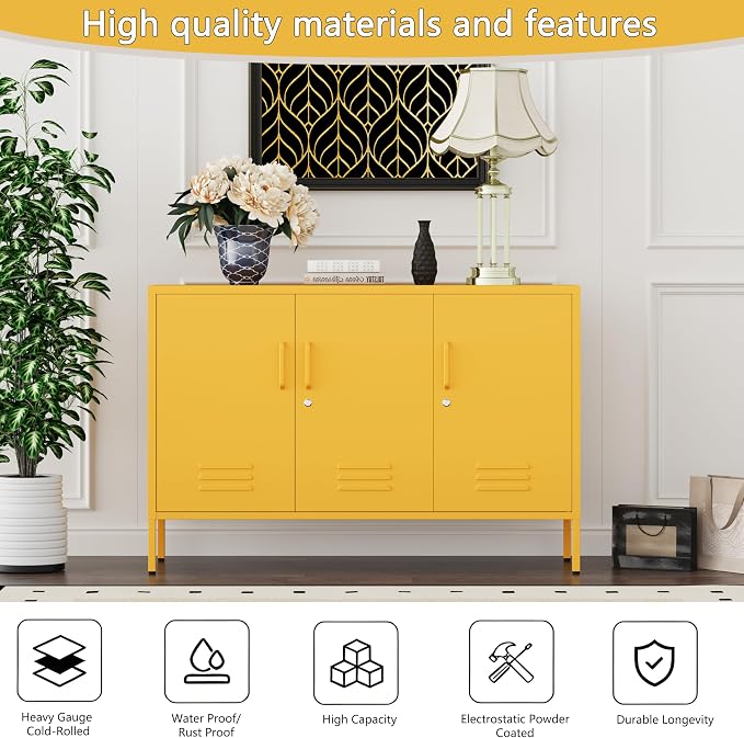 Yellow Wide Metal Storage Cabinet, 32" H Heavy Duty Steel Locker with Lock, 2 Adjustable Shelves & Ventilated Doors for Home Office Kitchen Living Room