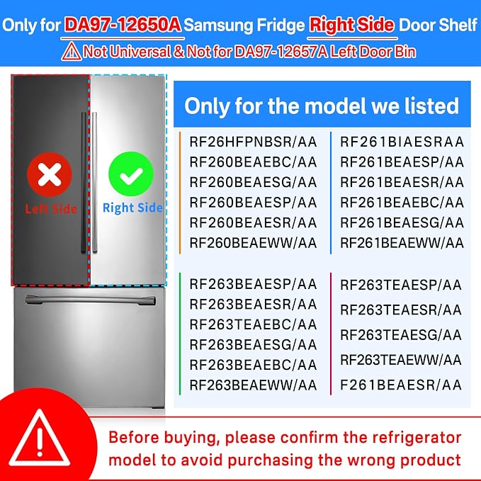 DA97-12650A Door Shelf Bin Only for Right Side Samsung Refrigerator Door Shelf Replacement for Samsung RF263BEAESR RF261BEAESR RF260BEAESR Door Bin for Samsung Fridge Door Shelves With 5 Fridge Magnet