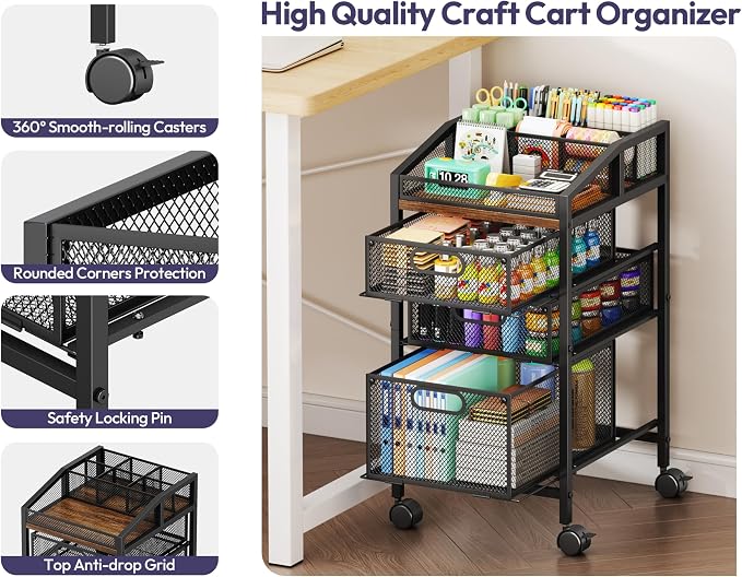 SWTYMIKI Rolling Utility Cart with Drawers - Under Desk Storage Cart with DIY Divider & Lockable Wheels, Multi-Functional Craft Art Supply Organizer for Office, Vanity, Craft Room & Studio Black