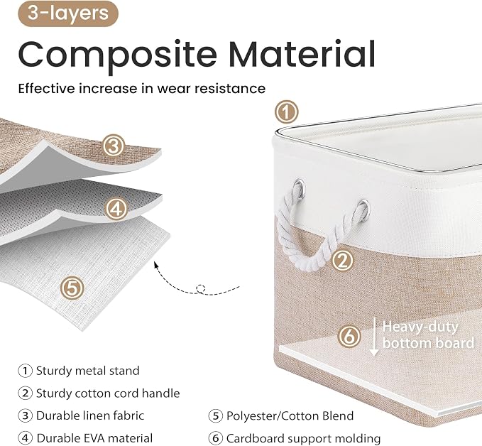 Large Storage Baskets- 15x11x10 inch Storage Bins for Shelves and Closet Organizing, Foldable Fabric Bin for Home Organization Clothes and Laundry (1-Pack, White&Khaki)