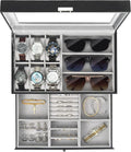 Kukikan Watch Jewelry Box Organizer, 6-Slot 2-Layer Watch Case and Sunglasses Storage with Large Glass Lid, Men's Jewelry Box with Lock, Watch Holder Display Case, Gift for Men Women