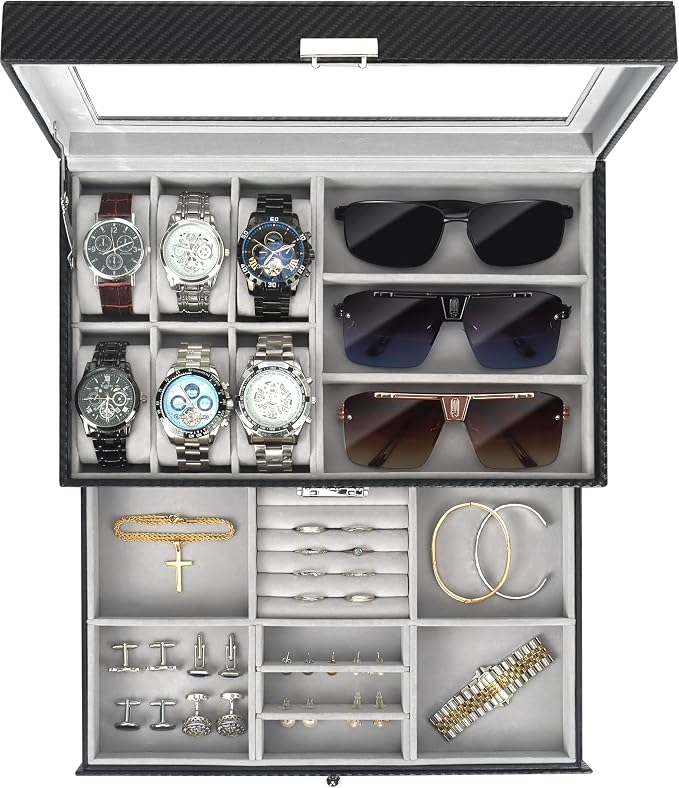 Kukikan Watch Jewelry Box Organizer, 6-Slot 2-Layer Watch Case and Sunglasses Storage with Large Glass Lid, Men's Jewelry Box with Lock, Watch Holder Display Case, Gift for Men Women