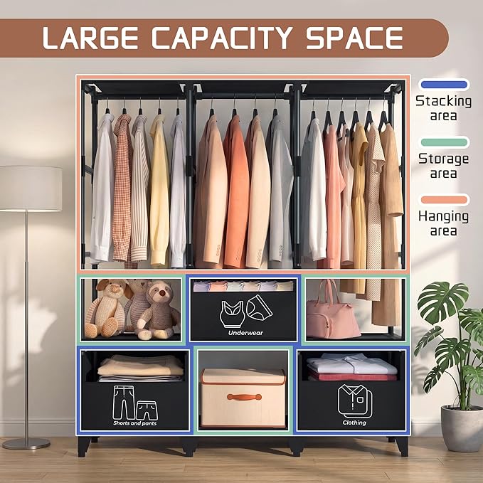 LOKEME Portable Closet,Sturdy Stable Large Capacity Wardrobe Closet,Clothes Rack with Shelves,3 Folding Areas,3 Storage Areas,3 Hanging Areas,Suitable for Bedrooms and Dormitory,50in Black