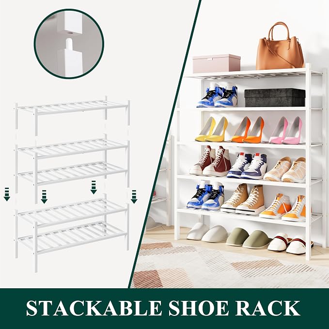 Smiry Bamboo Shoe Rack, 3 Tier Free Standing Wooden Shoe Organizer, Stackable Wood Shoe Storage Shelf for Closet, Entryway, 12 Vertical Slats, 2+1 Stack Standard Legs, 26.8"x11"x19.5", White