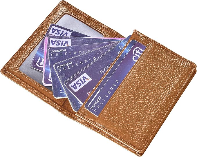 Genuine Leather Business Card Holder Name Card Case Credit Card Wallet with ID Window RFID Blocking (Brown)