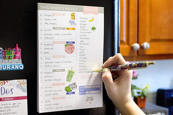 bloom daily planners Weekly Meal Planning Pad - Magnetic Hanging Refrigerator Menu Planner with Tear-Off Sheets & Perforated Grocery Shopping Lists - 6” x 9” (Grey & Pink)