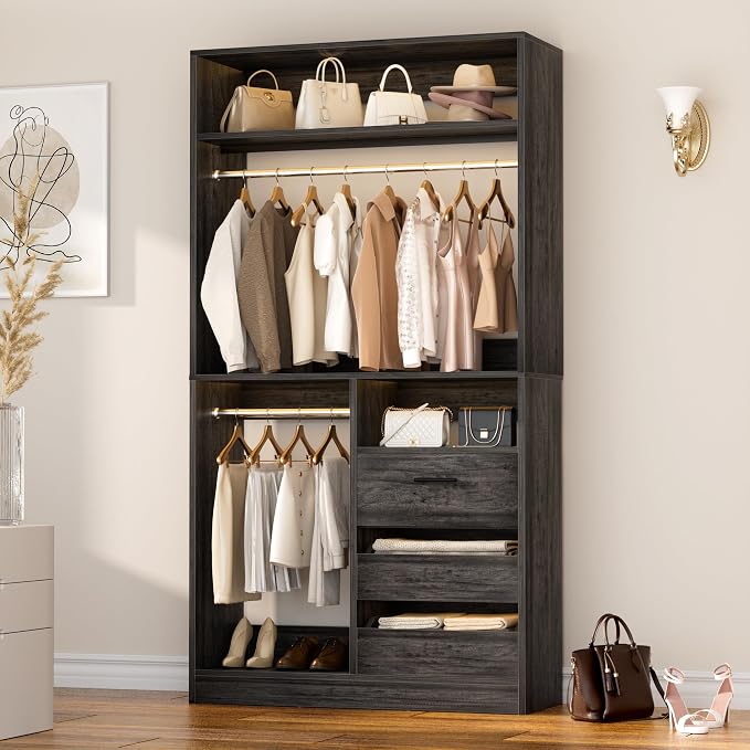 36 Inches Modular Closet Drawers System with Long Hanging Rods, 3FT Wood Closet Organiser with 3 Drawers, Walk-in Freestanding Wardrobe Storage Cabinet with 4 Shelves, Oak (36"L x 15" W x 80" H)
