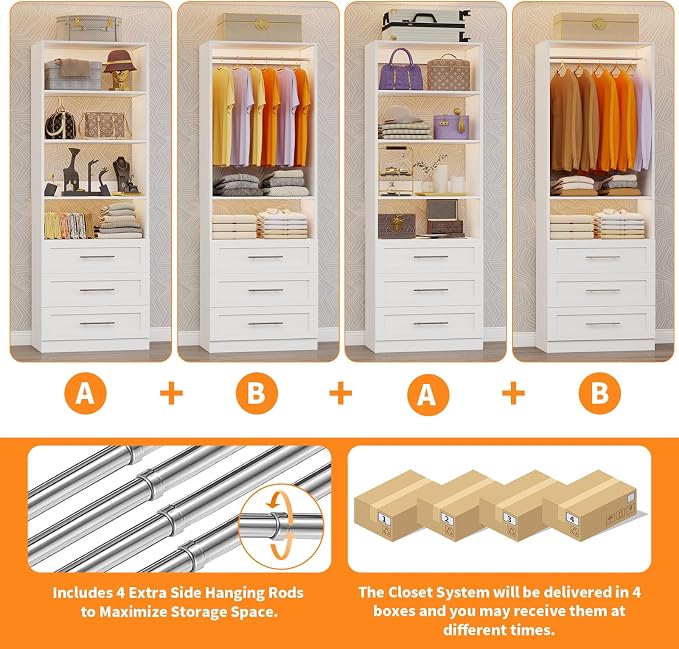 Closet System with 12 Wooden Drawers, 10 Shelves & 6 Hanging Rods, 8–21 ft Adjustable Closet Organizer System, 2800 lbs+ Walk-In Closet System, Modular Custom Closet Kit, White(Set of 4)