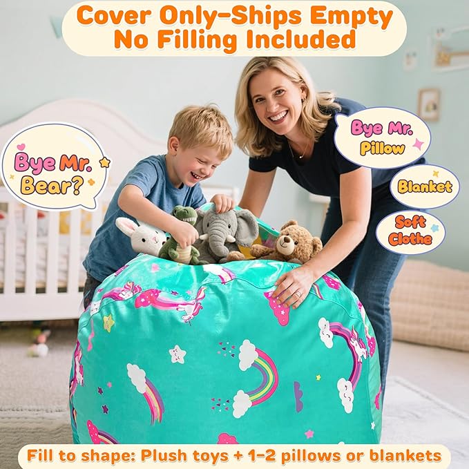 Lukeight Unicorns Stuffed Animals Storage Bean Bag Chair Cover Only (Ships Empty, No Filling) - Velvet YKK Zipper Beanbag Cover for Kids Big kids, Washable Plush Toy Organizer, X-Large 30" D x 18" H