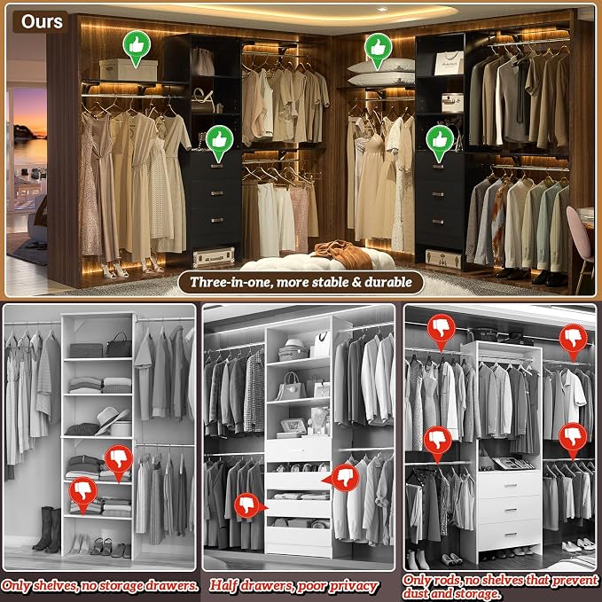 iSunirm 8FT Closet System, 96'' Closet Organizer System with 3 Hanging Rods, Wall Mount Bedroom Wardrobe with 3 Drawers Walk-in Closet, Adjustable Cloth Garment Rack from 5 to 8FT (Cut to Fit), Black