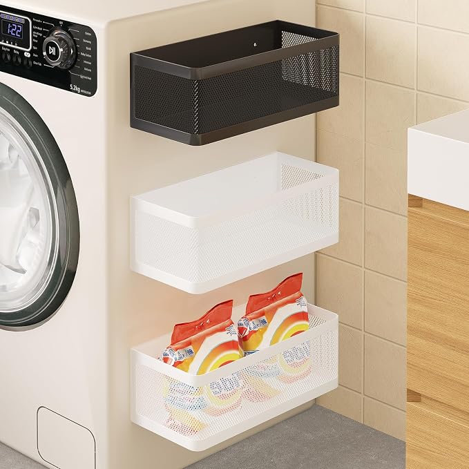 Magnetic Shelf for Washing Machine, White, L11in*W4.9in*H3.9in | Magnetic Organizer for Laundry, Hanging Basket Storage, Magnetic Fridge Shelves, Spice Rack for Refridgerator, 16.5-lb load