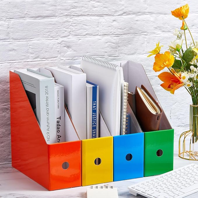 Thenshop 24 Pcs Cardboard Magazine File Holder Organizer, Desk File Organizer Box Foldable Book Bin Papers Storage Folder with Label for School Classroom Office Supplies(Classic,Colorful)
