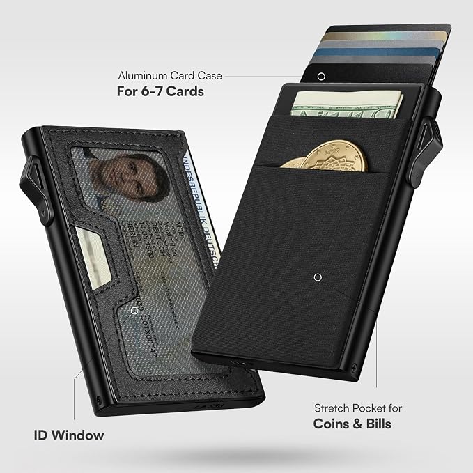 Pop Up Wallet For Men, Bauhaus Minimalist Aluminum RFID Blocking Card Holder, Vegan Leather EDC Wallet With ID Window, Elastic Cash Pocket For Daily Travel Business