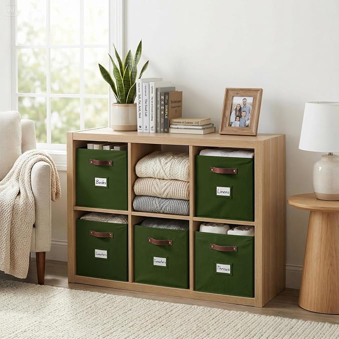 DECOMOMO Storage Bins, Cube Storage Bin with Labels, Fabric Storage Cubes for Shelves (10.5" x 11" / 6pcs, Olive Green)