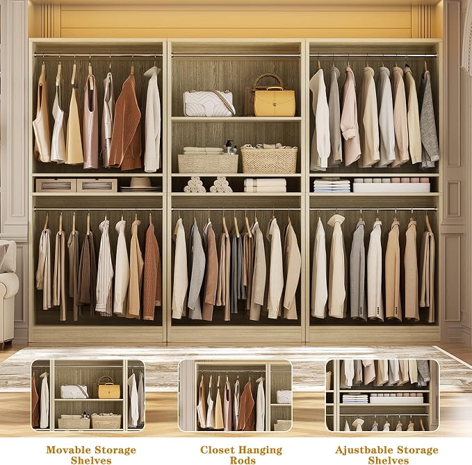 Unikito 9FT Modular Closet System with 6 Hanging Rods, 2500LBs Heavy Duty Walk-in Clothing Organizer, 3-Piece Wood Garment Rack for Bedroom, White Oak
