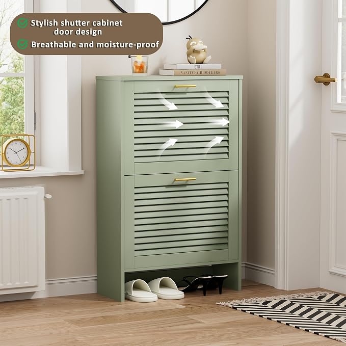 Narrow Shoe Cabinet Storage for Entryway, Sage Green | Freestanding Shoe Organizer with 2 Flip Drawers, Louvered Doors, Anti-tip Device, Modern Show Rack