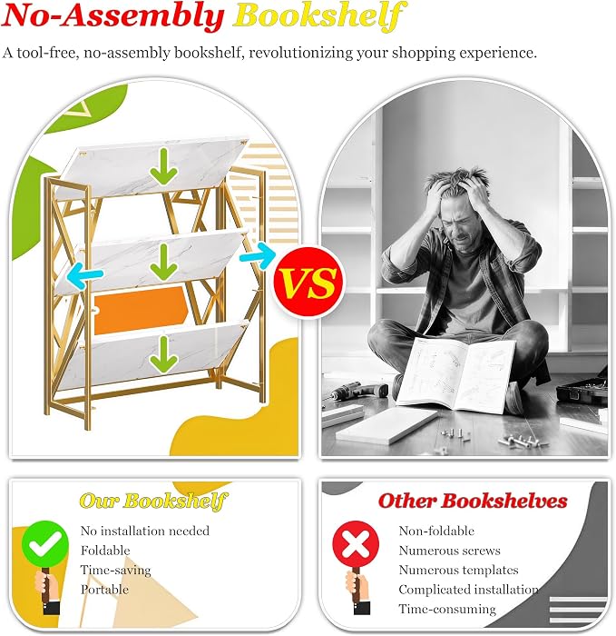 UDD No Assembly Wide Folding Bookshelf, 34" H x 30.9" W, 3 Tier Foldable Book Shelf Industrial Bookcase, Vintage Collapsible Storage Shelves for Home Office Living Room Bedroom, White Gold