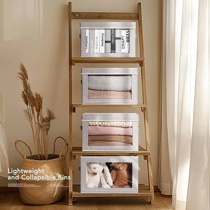 Homsorout Storage Box with Lids - 5 Pack Foldable Clear Window Storage Bins, Large Decorative Storage Bins with Handles, Storage Containers for Clothes, Towel, Blanket, Sheet, Light Grey