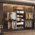 Wall Mounted Closet System, Heavy Duty 3-Row Clothes Rack, Expandable Industrial Pipe Closet Organizers and Storage with 4 Telescopic Rods, 4 Hooks & 6 Shelves for Wardrobe, Bedroom