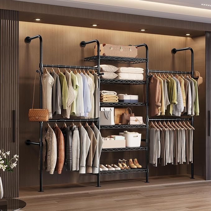 Wall Mounted Closet System, Heavy Duty 3-Row Clothes Rack, Expandable Industrial Pipe Closet Organizers and Storage with 4 Telescopic Rods, 4 Hooks & 6 Shelves for Wardrobe, Bedroom