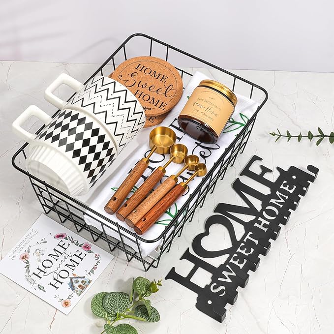 Housewarming Gift Basket for New Home | 13 Pcs Kitchen Essentials Set with Ceramic Mugs, Measuring Spoons, Storage Basket | New Home Gift Ideas | Closing Gifts for Couples & Families