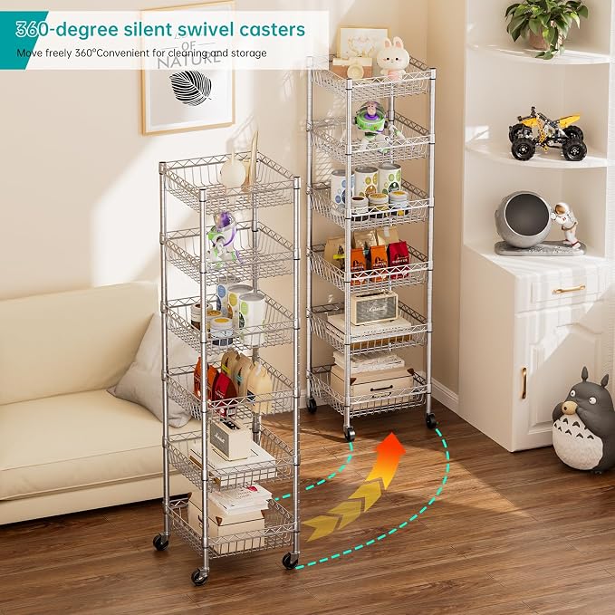 SINGAYE 6 Tier Shelf Wire Shelving Adjustable Storage Shelves Basket Rack | Adjustable Shelves with Wheels Metal Storage Unit Closet Bathroom Organizers Pantry Kitchen Garage Laundry Room Gray