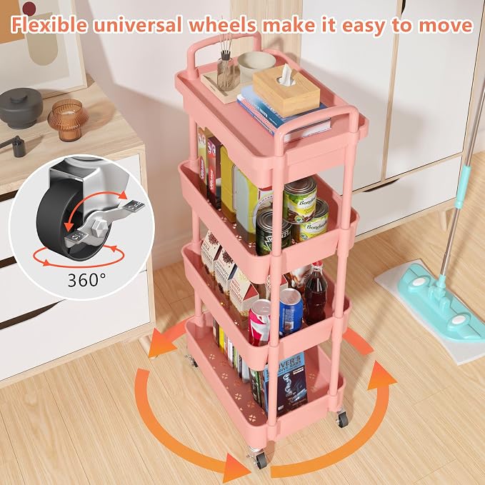 Calmootey 4-Tier Rolling Utility Cart with Drawer,Multifunctional Storage Organizer with Plastic Shelf & Metal Wheel,Storage Cart for Kitchen,Bathroom,Living Room,Office,Pink | Space-Saving Organizer, Sturdy Plastic Shelves, Smooth-Rolling Metal Wheels...