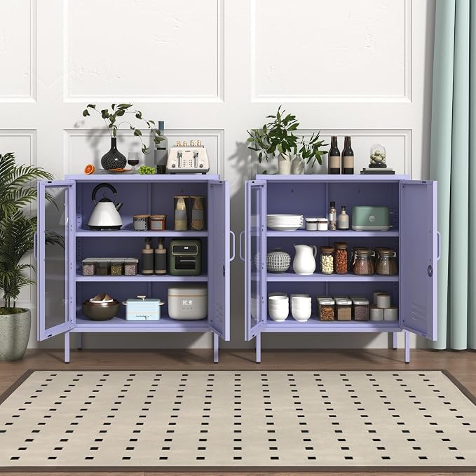 33" Tall Lockable Metal Storage Cabinet with Adjustable Shelves,2 Door Home Freestanding Locker Metal Pantry Cabinet for Living Room,Office,Dining Room,Purple Size: 33" H x 29.5" W x 13.8" D