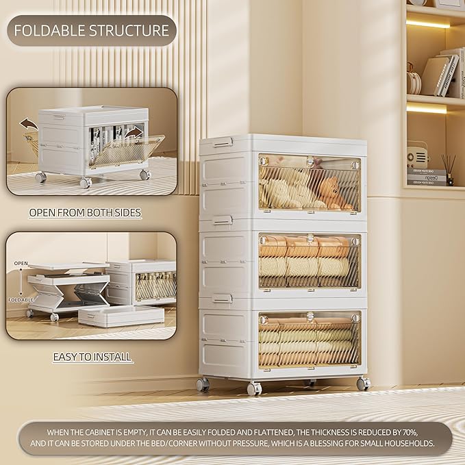 132 QT / 33 Gal Multi-Purpose Foldable Storage Cabinet - Transparent Dual Doors with 3-Stage Locking System, Heavy Duty Wheels, Simple Pull-to-Open Mechanism for Home/Office/Garage Organization