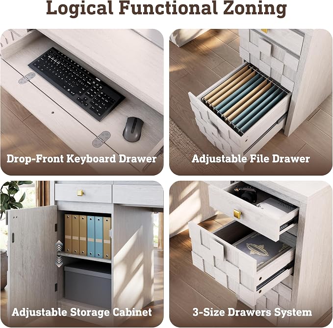 58" Executive Desk with Drawers, Home Office Desk with Charging Station & Keyboard Tray, Wood Office Desk with File Drawer & Storage Cabinet, Modern Computer Writing Desk with Adjustable Shelf, White
