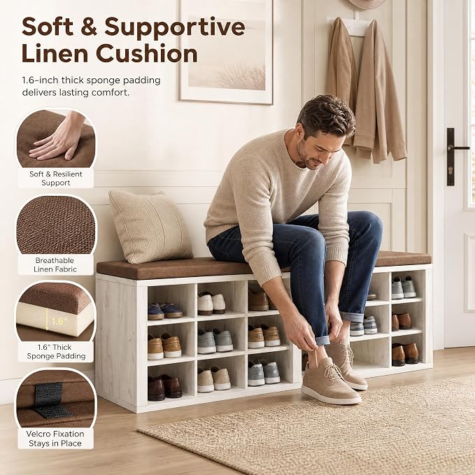 Shoe Storage Bench with Padded Seat, 18-Cubby Shoe Organizer for Entryway, 59.1" Long 700 lb Capacity, for Living Room, Bedroom, Hallway (Whiteboard with Warm Earthy Brown, Linen, Sponge)