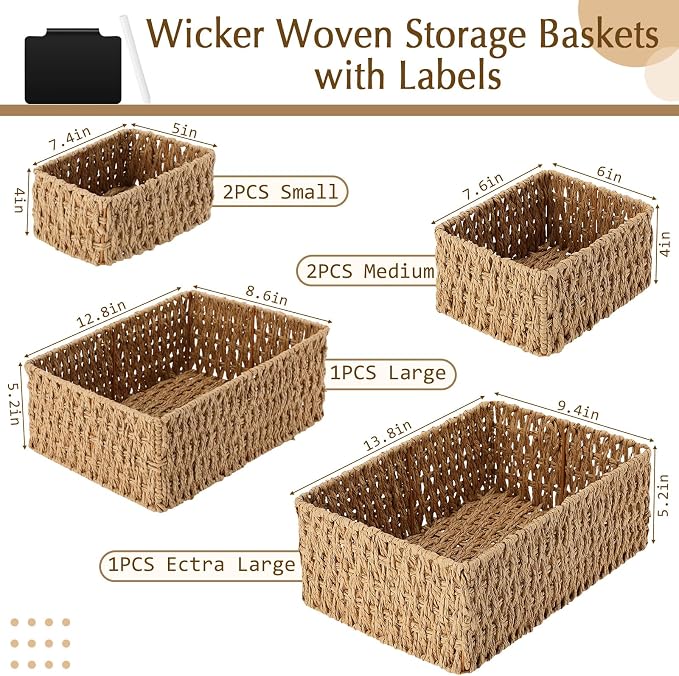 Marsui 6 Pcs Wicker Storage Baskets for Pantry Organization with Labels Handwoven Paper Rope Multi-size Natural Wicker Storage Bins for Organizing Small Baskets Container for Shelves Closet Toilet