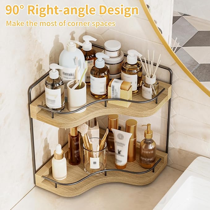 2-Tier Corner Bathroom Counter Organizer for Storage, Light Brown | Larger Size, Solid Wood, Embedded Screw Holes, sink and Vanity Countertop Organizer for Perfume, Skincare & Makeup Storage